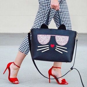 Cat Glitter Tote Bag Large Black Faux Leather